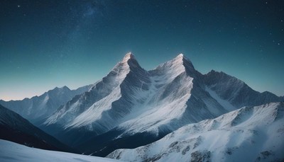 Snowy peaks rise under a starry night