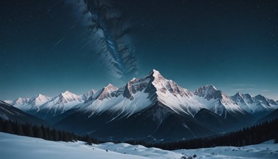 Snow-capped mountains rise under a starry night sky