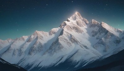 A snowy mountain peak glows under the night sky