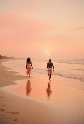 A couple walks hand-in-hand on a sandy beach at sunset
