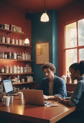 Two people look at a laptop in a cafe