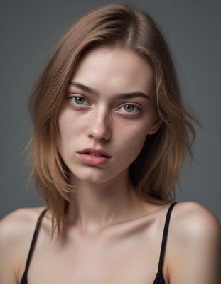 A young woman with brown hair looks directly at the camera