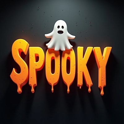A ghost sits on top of the word spooky in 3d