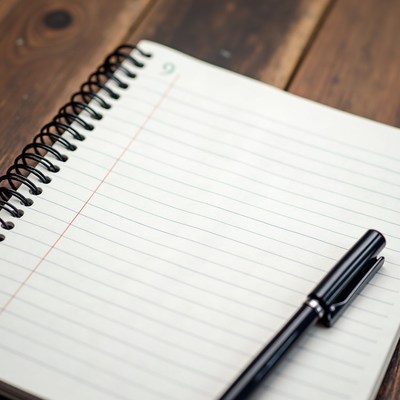A blank notebook and pen ready for writing on a wooden table