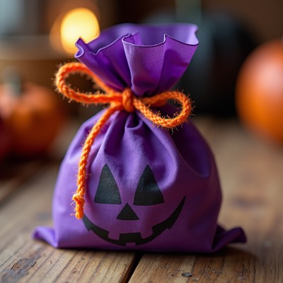 A purple trick-or-treat bag sits on a table