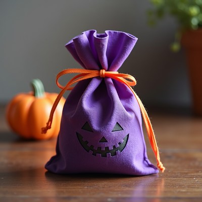Purple halloween bag with orange tie on wood table