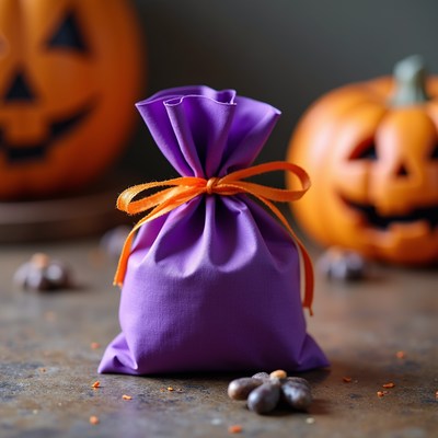 A purple trick-or-treat bag sits in front of pumpkins