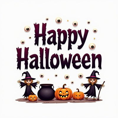 Happy halloween with witches, pumpkins, and a cauldron