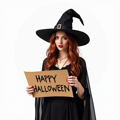 Witch in a black hat holds a happy halloween sign