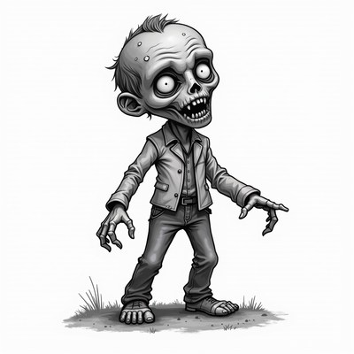 A small zombie is walking in a field
