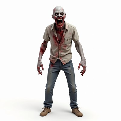A bloodied zombie stands in a white studio