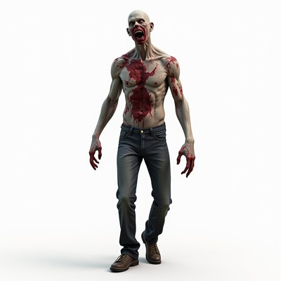 A bloody zombie walks with a menacing expression