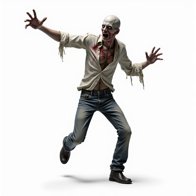 A zombie in a white shirt and jeans runs toward the camera