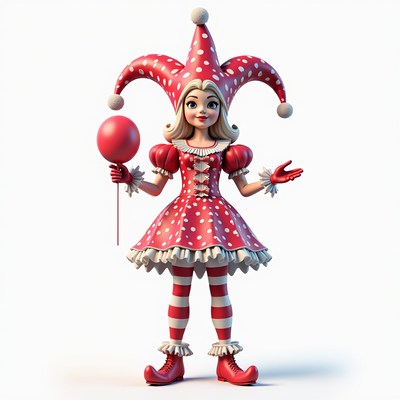 A cartoon jester girl holds a red balloon