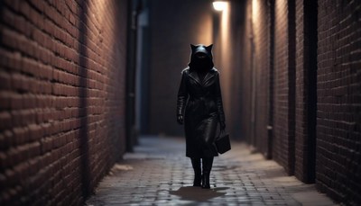 Woman in a black cat costume walks down alley