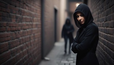 A woman in a hooded jacket stands in a dark alleyway