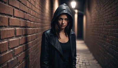A woman in a black jacket walks down a dark alley