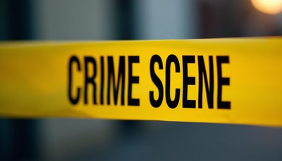 Yellow crime scene tape stretched across a doorway