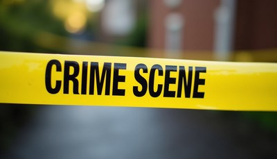 Yellow tape flutters before a blurred building