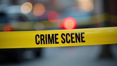 Yellow crime scene tape is stretched across a street