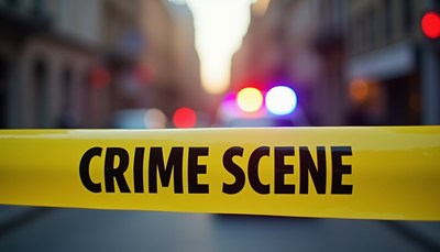 A yellow crime scene tape stretches across a city street