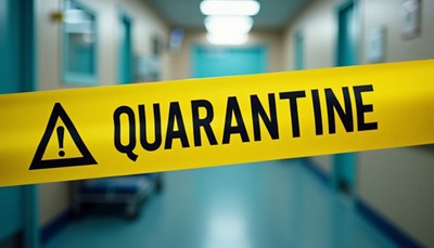 A yellow quarantine tape blocks a hallway