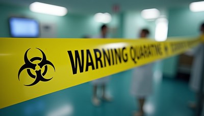 Yellow quarantine tape with biohazard symbol across hallway