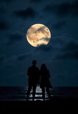A couple gazes at the full moon on the beach