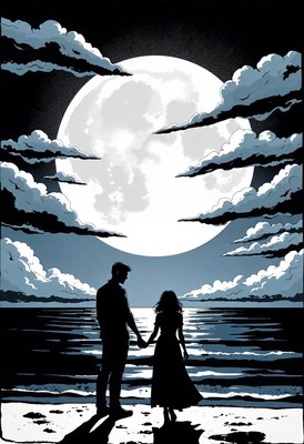 A couple holds hands on the beach under a full moon