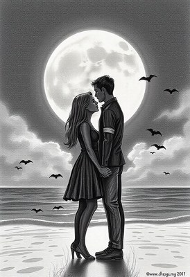 Couple gazes at each other on the moonlit beach