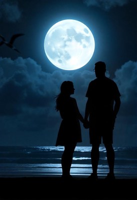 A couple silhouetted against a full moon on the beach