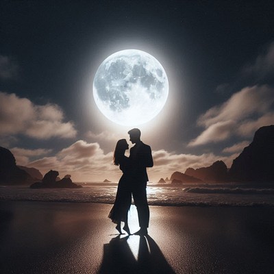 A couple embraces under the full moon on a beach at night