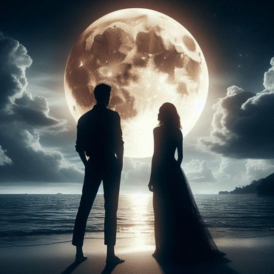 A couple stands on the beach, gazing at the full moon