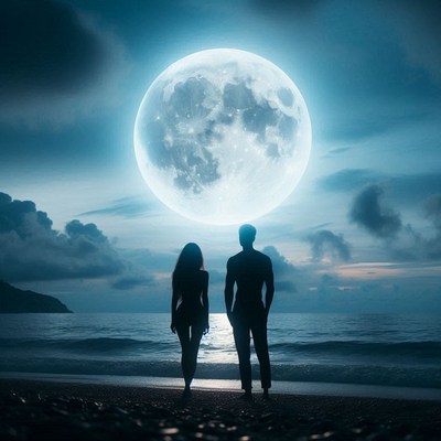 A couple admires the full moon on the beach at night