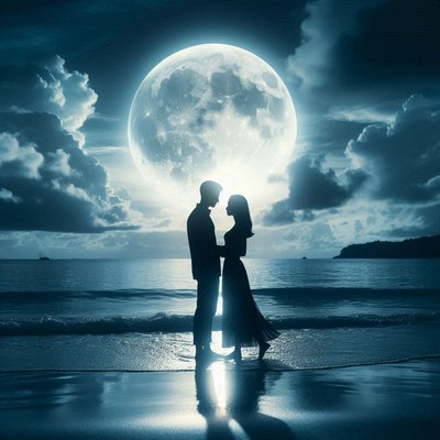 A couple gazes at the full moon on the beach