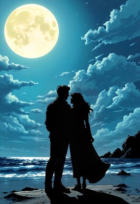 Couple silhouetted by the moonlit ocean