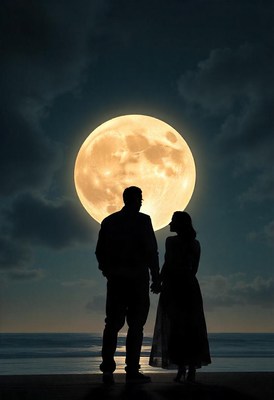Couple holds hands on the beach under the moon