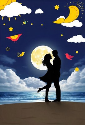 A couple embraces under a full moon by the beach