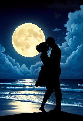 A couple embraces under a full moon on the beach