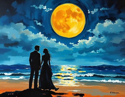 A couple stands on a beach at night, gazing at the full moon