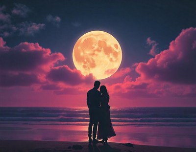 A couple stands on a sandy beach at night, facing the ocean