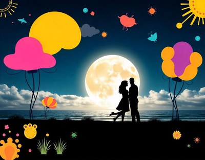 A couple stands on the beach under a full moon