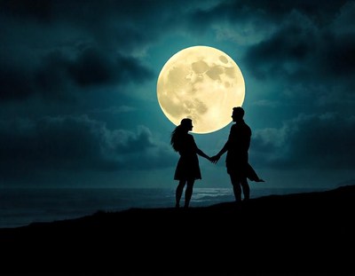 A couple holds hands under a full moon