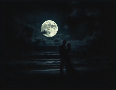 A couple stands under the full moon on a beach