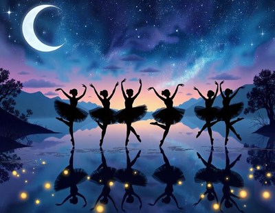 Five ballerinas dance under a crescent moon