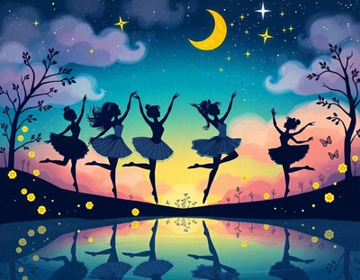 Five ballerinas dance under a crescent moon