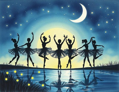 Six ballerinas dance under a crescent moon