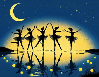 Five ballerinas dance under the night sky