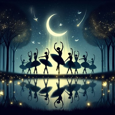 Silhouettes of ballerinas dance under a crescent moon