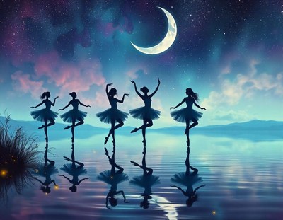 Five ballerinas dance under the crescent moon